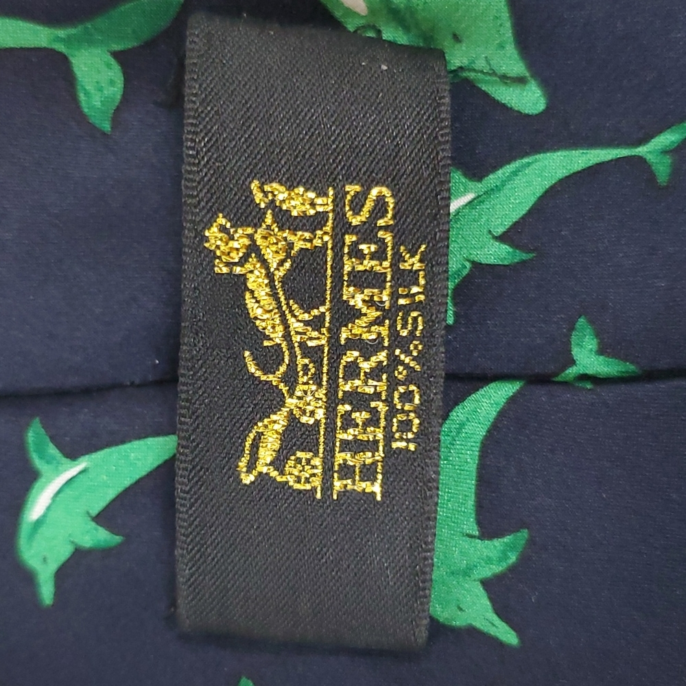 Vintage Hermes dolphin blue green silk tie men - Picture 2 of 4